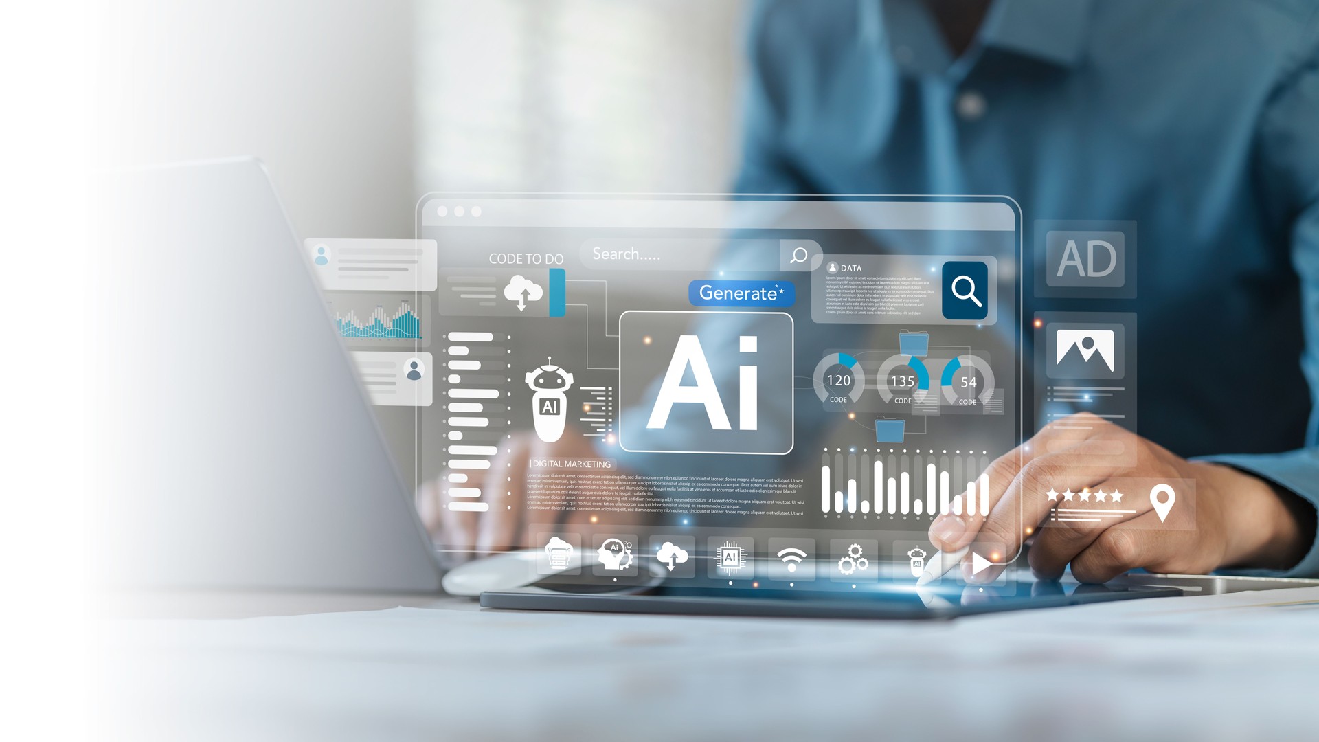 Businessman using AI technology on the screen of work to analyze data Chatbot chat with AI using AI smart robot technology. Increase work efficiency with AI solutions Chatbot helps solve work problems.